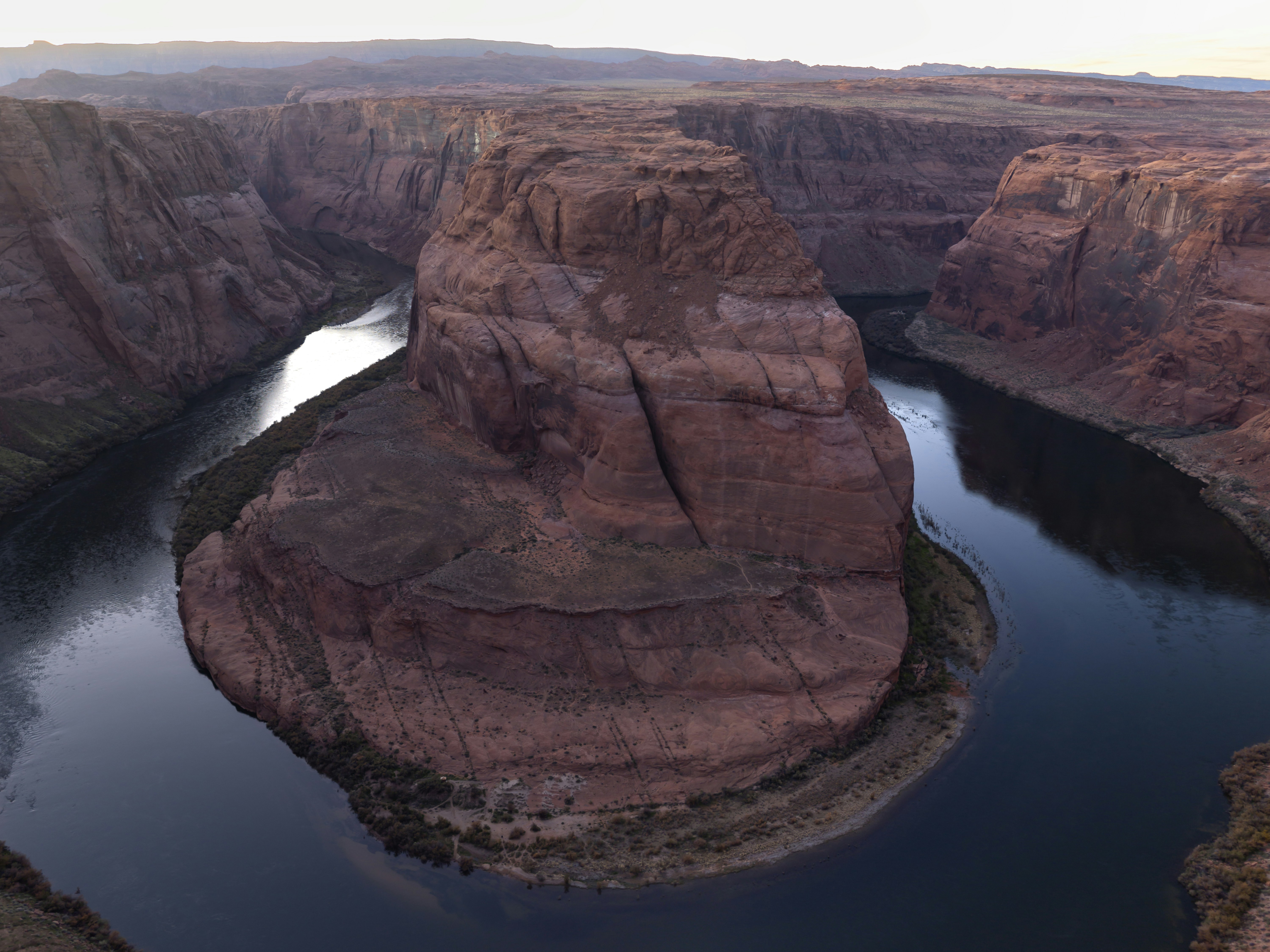 Grand Canyon, During most daylight hours, this location is packed with tourists, because everyone wants their shot of Horseshoe Bend. On this evening, I had the place to myself and was able to create a panorama of this iconic scene and eliminate the ‘wide-angle-lens-distortion’ seen in many images on the internet.