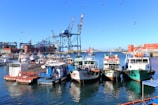 A busy port scene with cargo ships and containers under a clear blue sky.