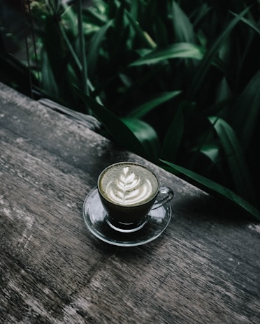 A glass cup of matcha latte sits on a wooden surface, surrounded by lush green foliage. The latte features intricate latte art on its surface, showcasing a leaf pattern.