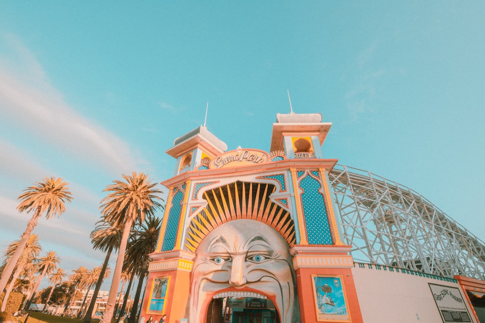 orange and blue face entrance museum