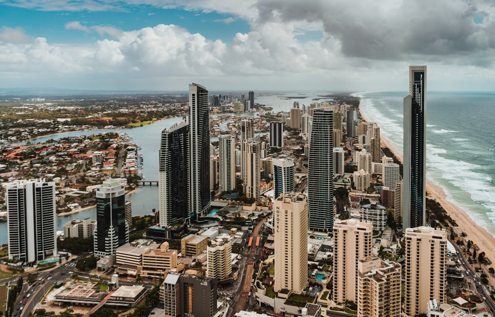 aerial view of buildings near ocean