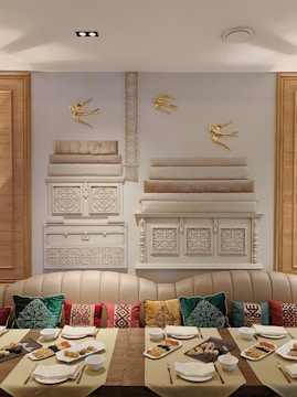A dining area set up for a family gathering.
