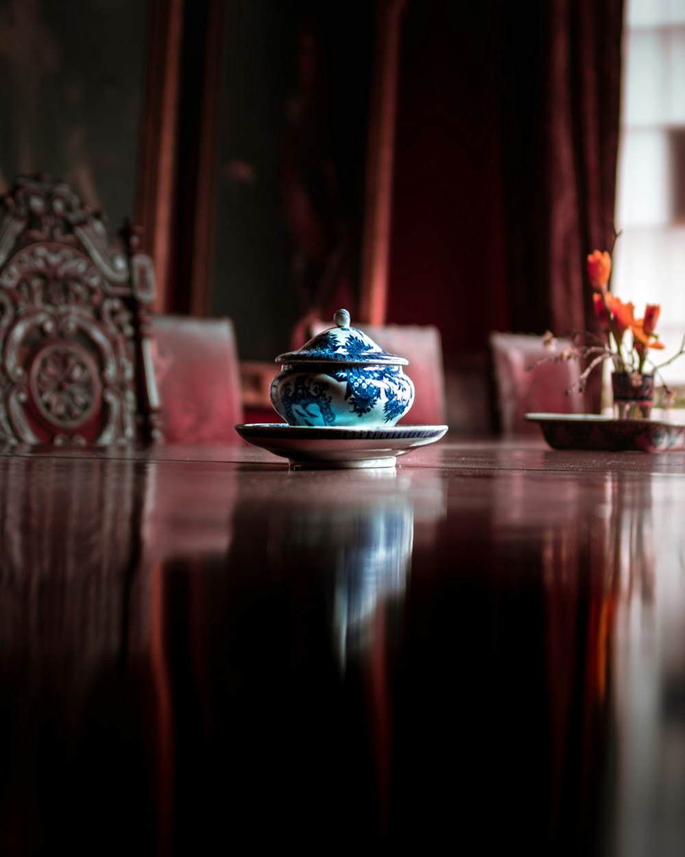 blue floral jar with saucer