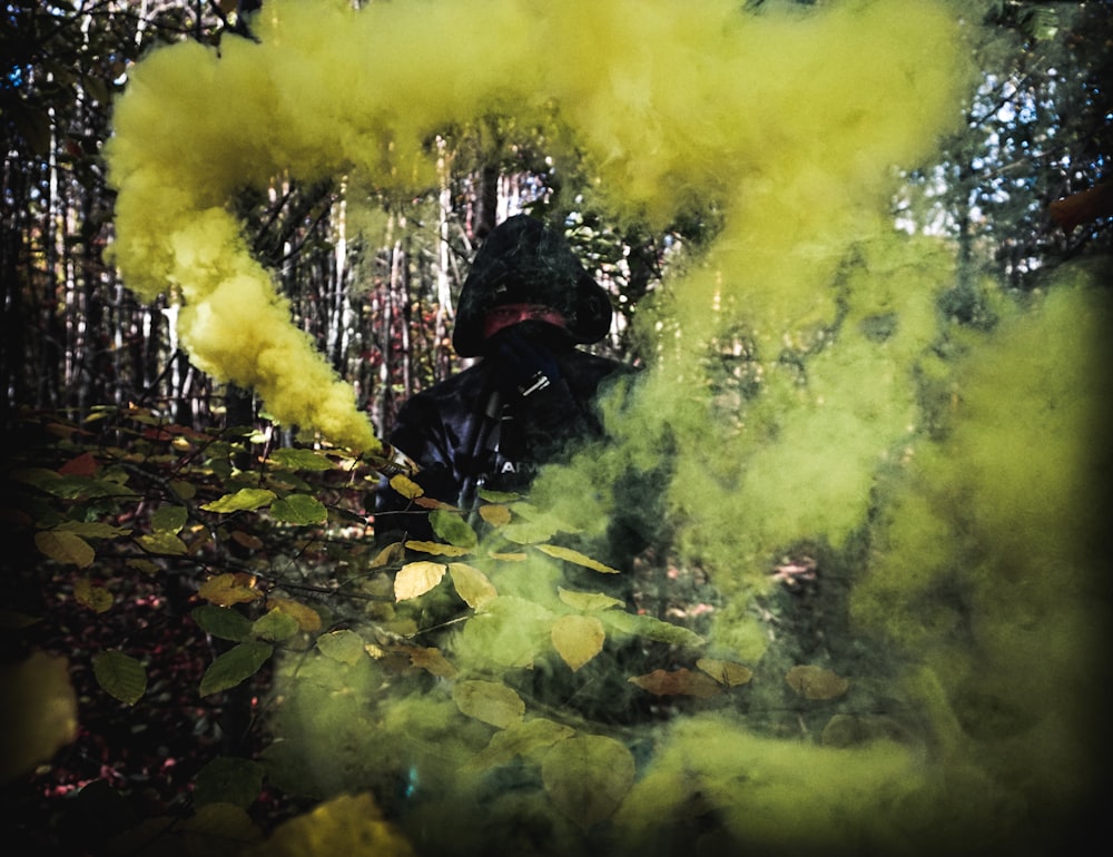 person surrounded by yellow smoke on forest