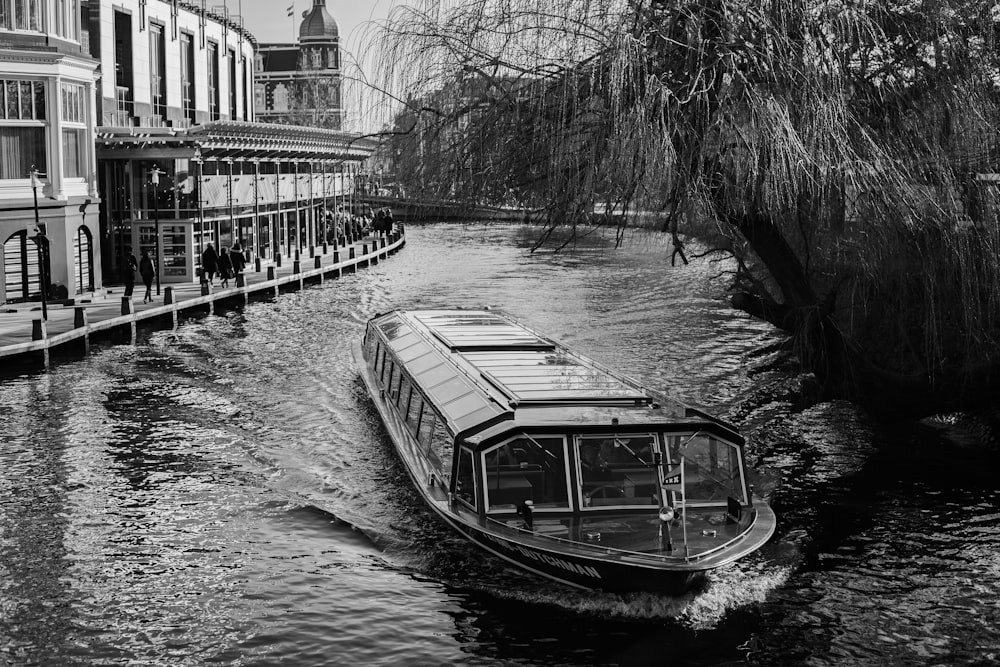 grayscale photography of passenger boat under withered tree