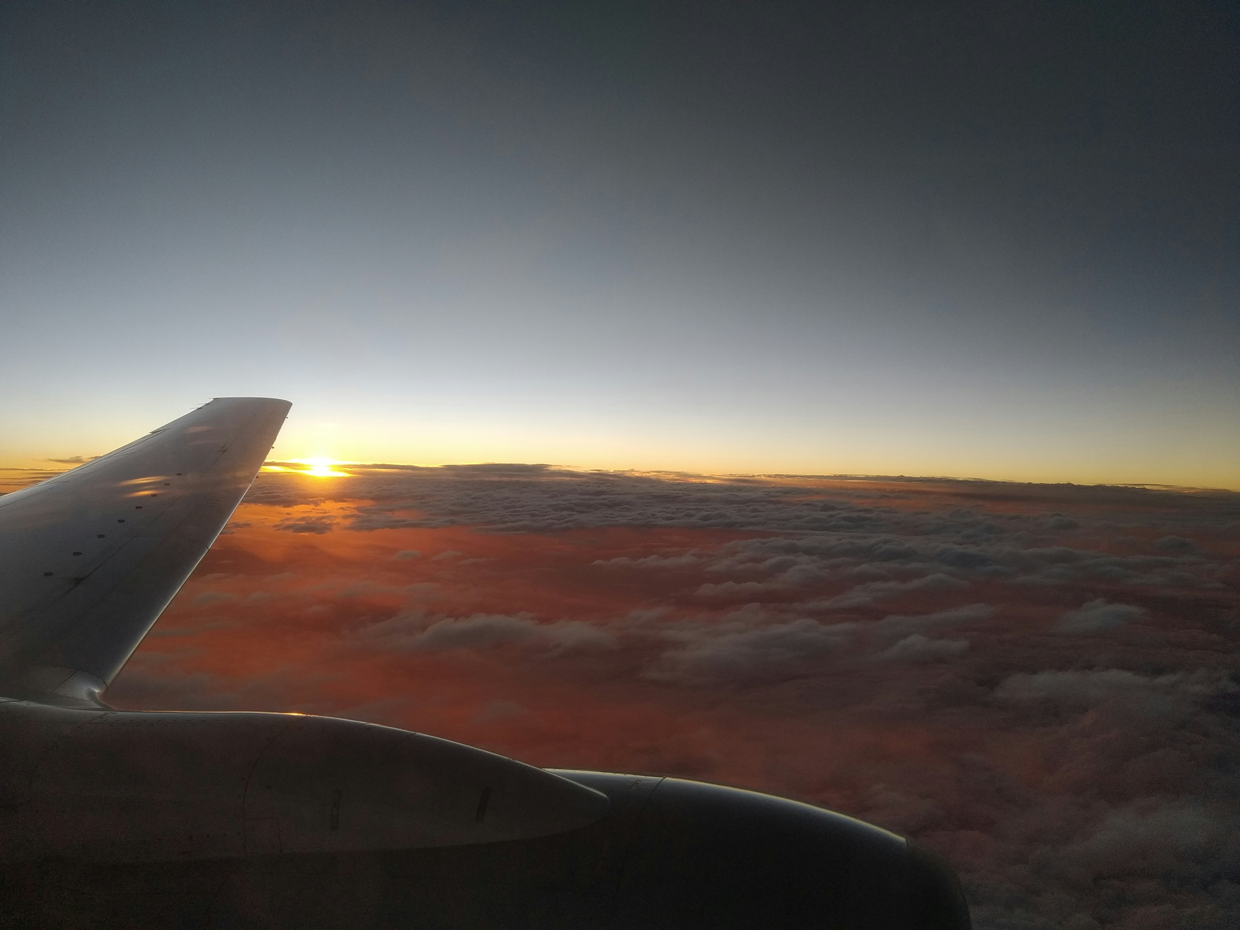 Airplane wing above clouds at sunset, representing emigration and travel from Lebanon