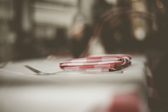 A red and white checkered napkin is neatly folded and placed on a white tablecloth. The image has a soft focus, creating a dreamy and vintage atmosphere.