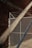 A chain-link fence stands against a brick wall, creating a robust and industrial setting. The angle of the photo includes metal bars in the foreground, which are blurred and cross diagonally, adding depth to the composition.