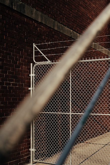 A chain-link fence stands against a brick wall, creating a robust and industrial setting. The angle of the photo includes metal bars in the foreground, which are blurred and cross diagonally, adding depth to the composition.