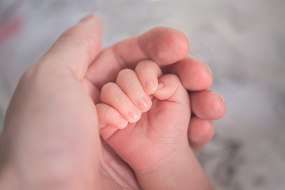 persona que sostiene la mano del bebé en fotografía de cerca