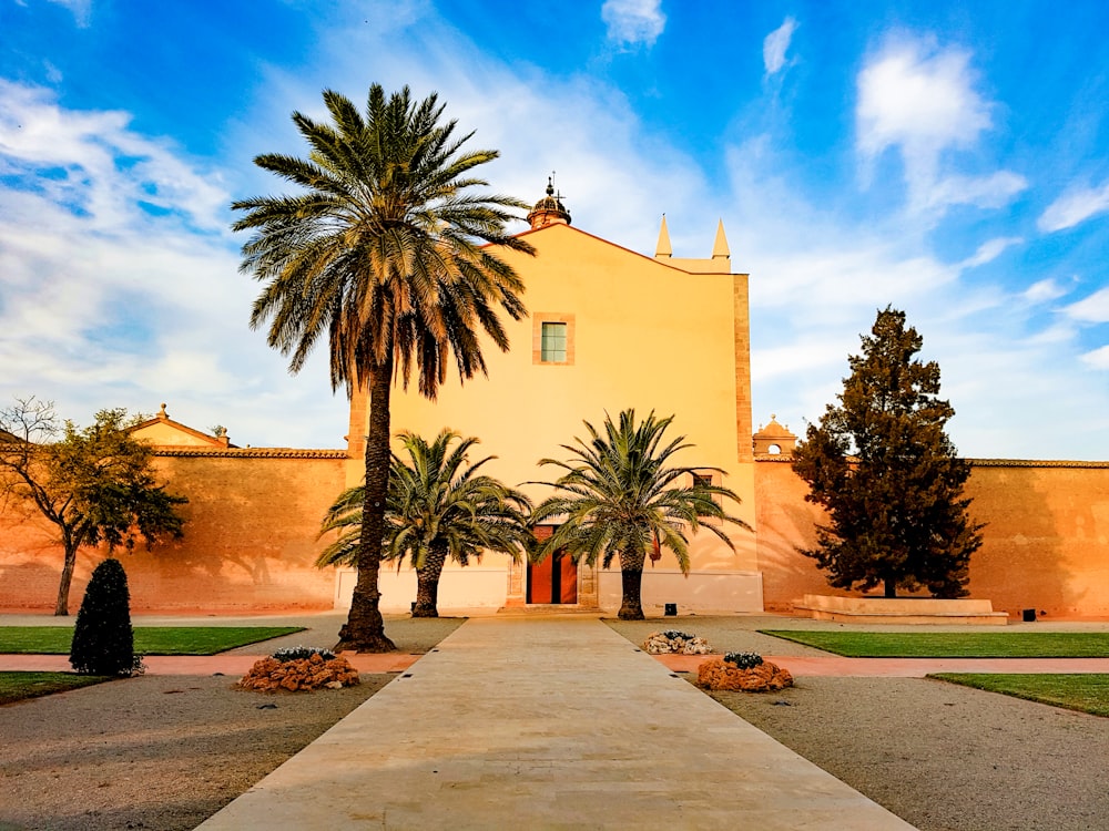 palm trees in front of beige building