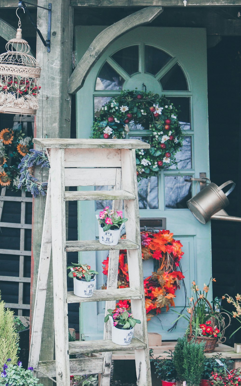 flower pots placed on white wooden ladder