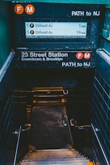 A dimly lit subway station entrance with signage for the F and M trains, indicating directions to Stillwell Avenue and a PATH connection to New Jersey. Stairs descend into the station, surrounded by metal railings and tiled walls.