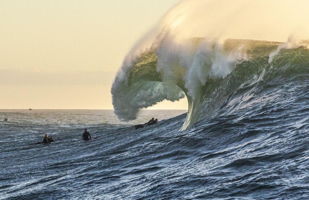 surfers with approaching ocean wave during daytime