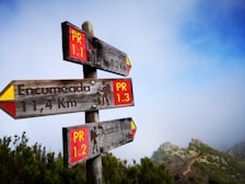 Close-up of a wooden signpost marking trekking routes in the Chilean mountains