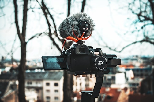 A camera is mounted on a tripod with a fuzzy windscreen microphone attached. The background features an out-of-focus urban landscape visible through the bare branches of trees.