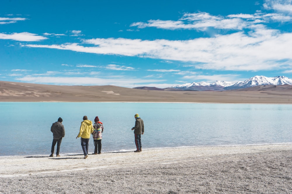 four person standing on seashore