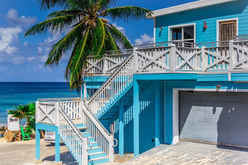 blue and white wooden house beside coconut tree during daytime