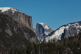 A landscape image featuring a mountain range with prominent, rugged peaks, some of which are covered with snow. The foreground includes dense evergreen forests, while the background displays a clear blue sky.
