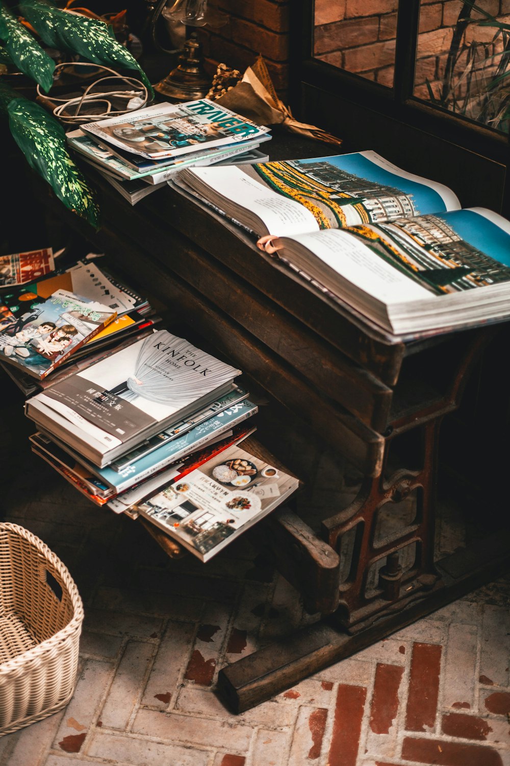 stacks of books and magazines