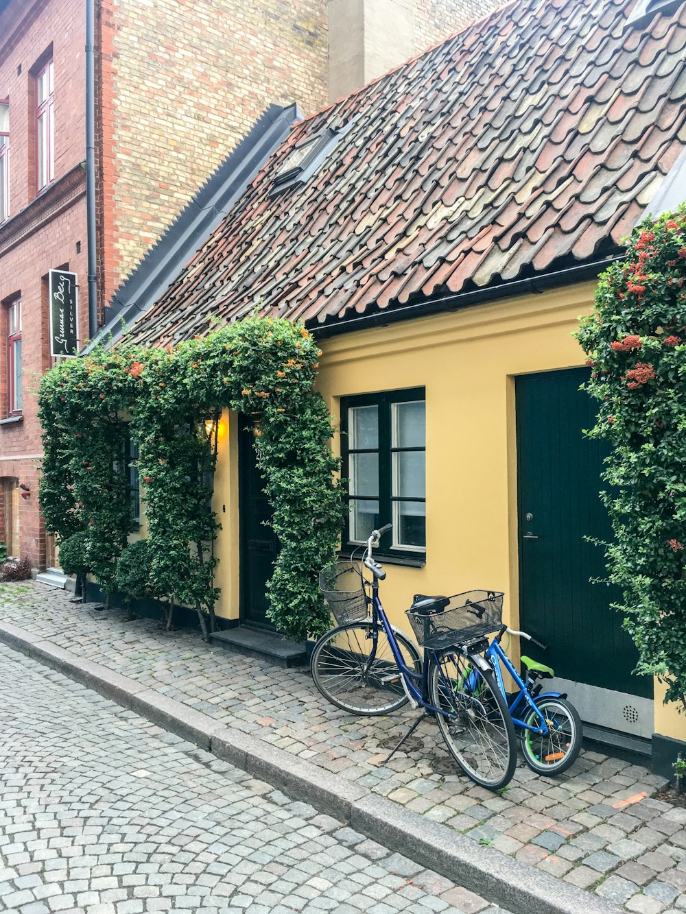Vélo de croisière bleu garé à côté de la maison jaune et marron
