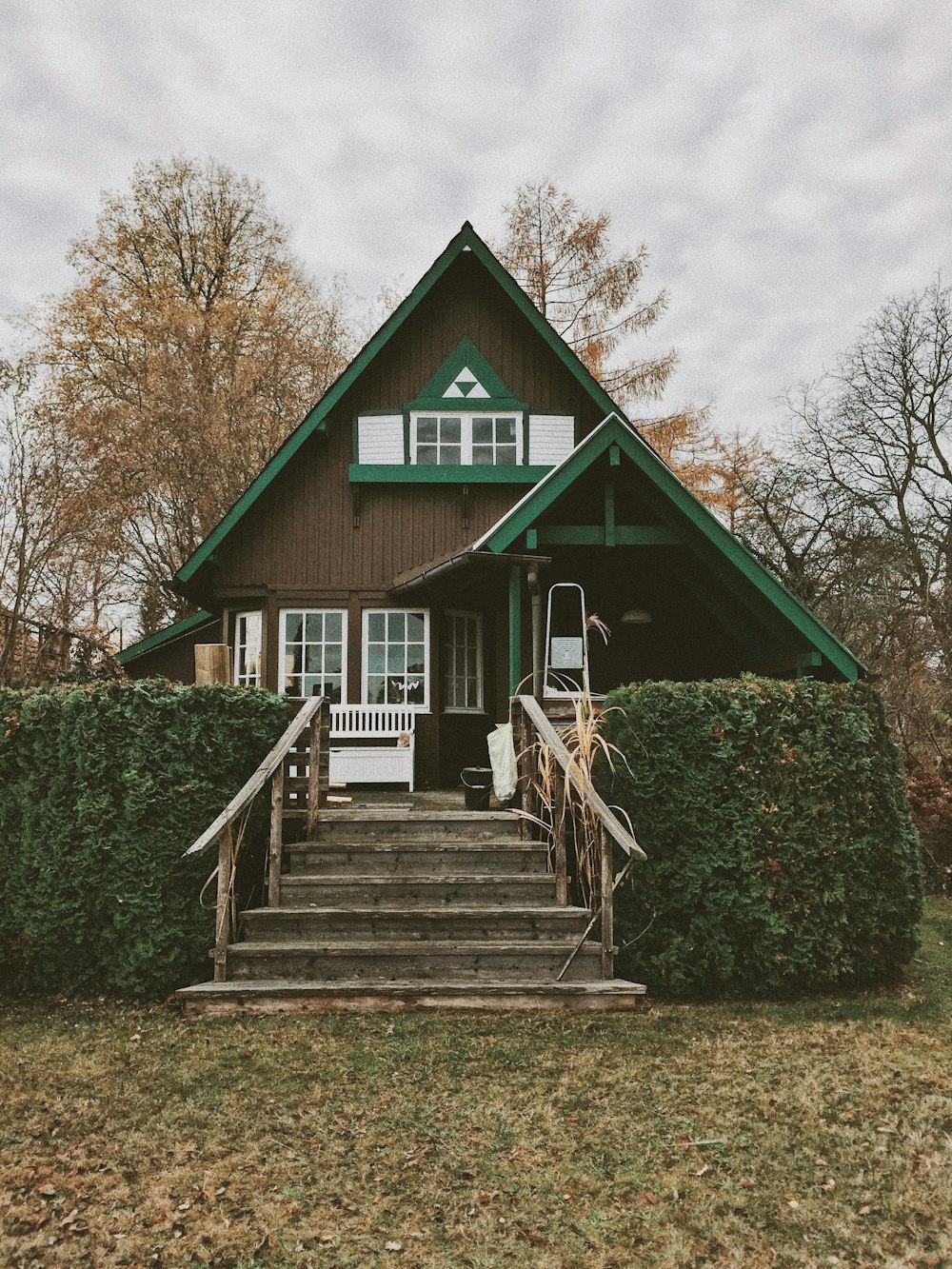 brown and green painted house