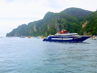 A large blue and white yacht is sailing on calm waters near a scenic coast. The coastline is lined with lush green cliffs and smaller boats are visible in the distance. The sky is overcast, contributing to a serene atmosphere.