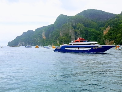 A large blue and white yacht is sailing on calm waters near a scenic coast. The coastline is lined with lush green cliffs and smaller boats are visible in the distance. The sky is overcast, contributing to a serene atmosphere.