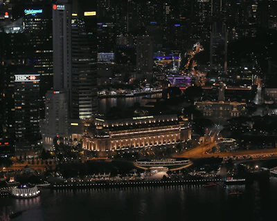 A bustling Singapore cityscape at night showcasing vibrant travel destinations.