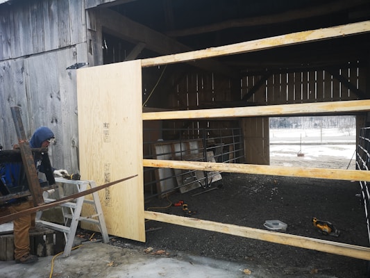A person is working near a partially constructed wooden gate or door in a barn or shed. The structure has an exposed framework and some construction tools and materials are visible around the area. The ground inside the structure appears dirty or muddy and snow can be seen outside.