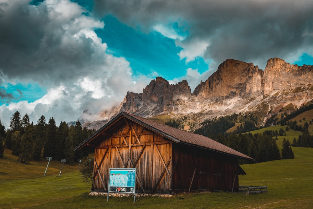 cabin below mountain