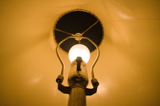 Close-up of a giant lamp’s intricate metalwork and glowing filament bulb.