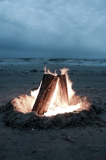 A campfire burns brightly on a sandy beach with the ocean in the background under an overcast sky.