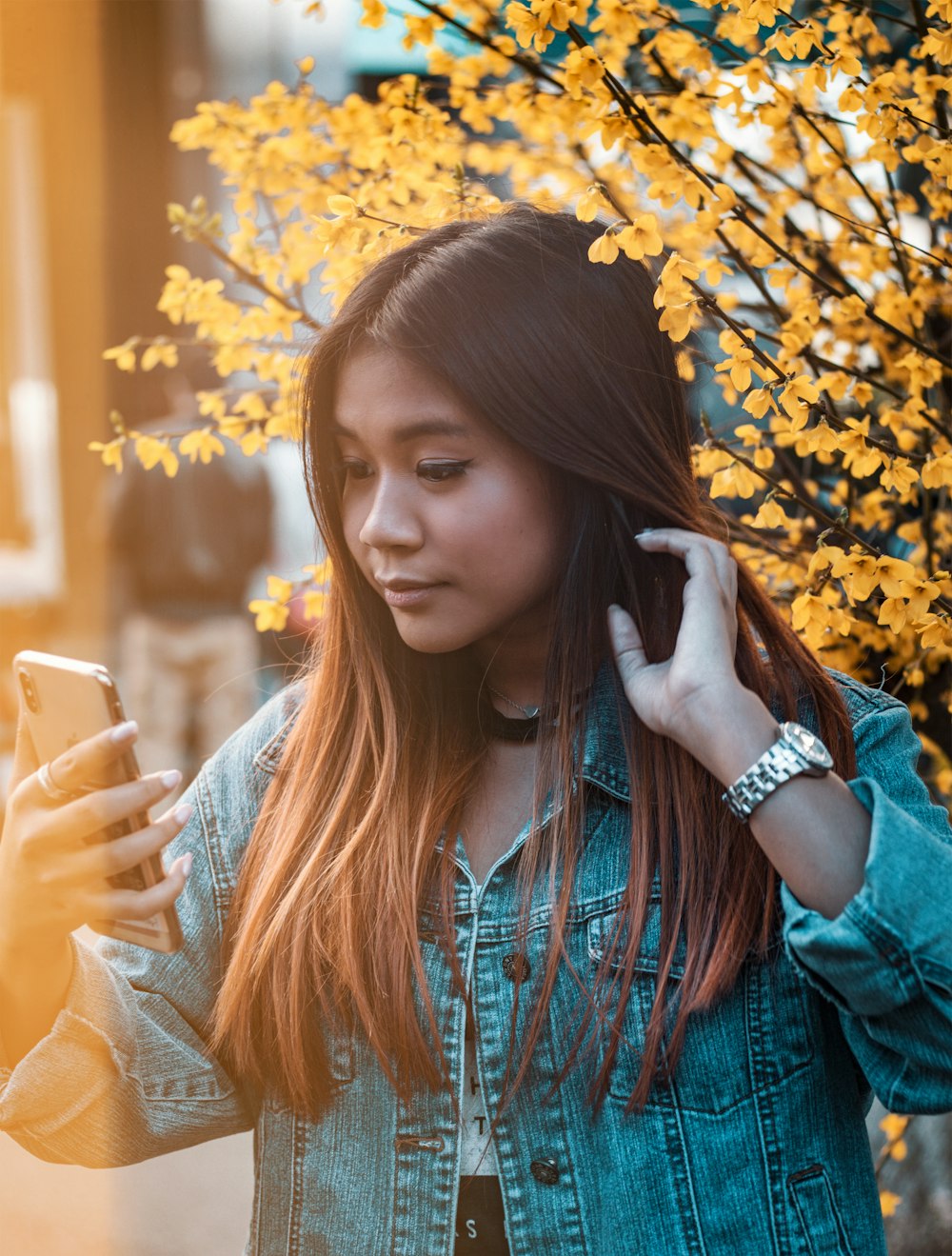 woman looking at phone