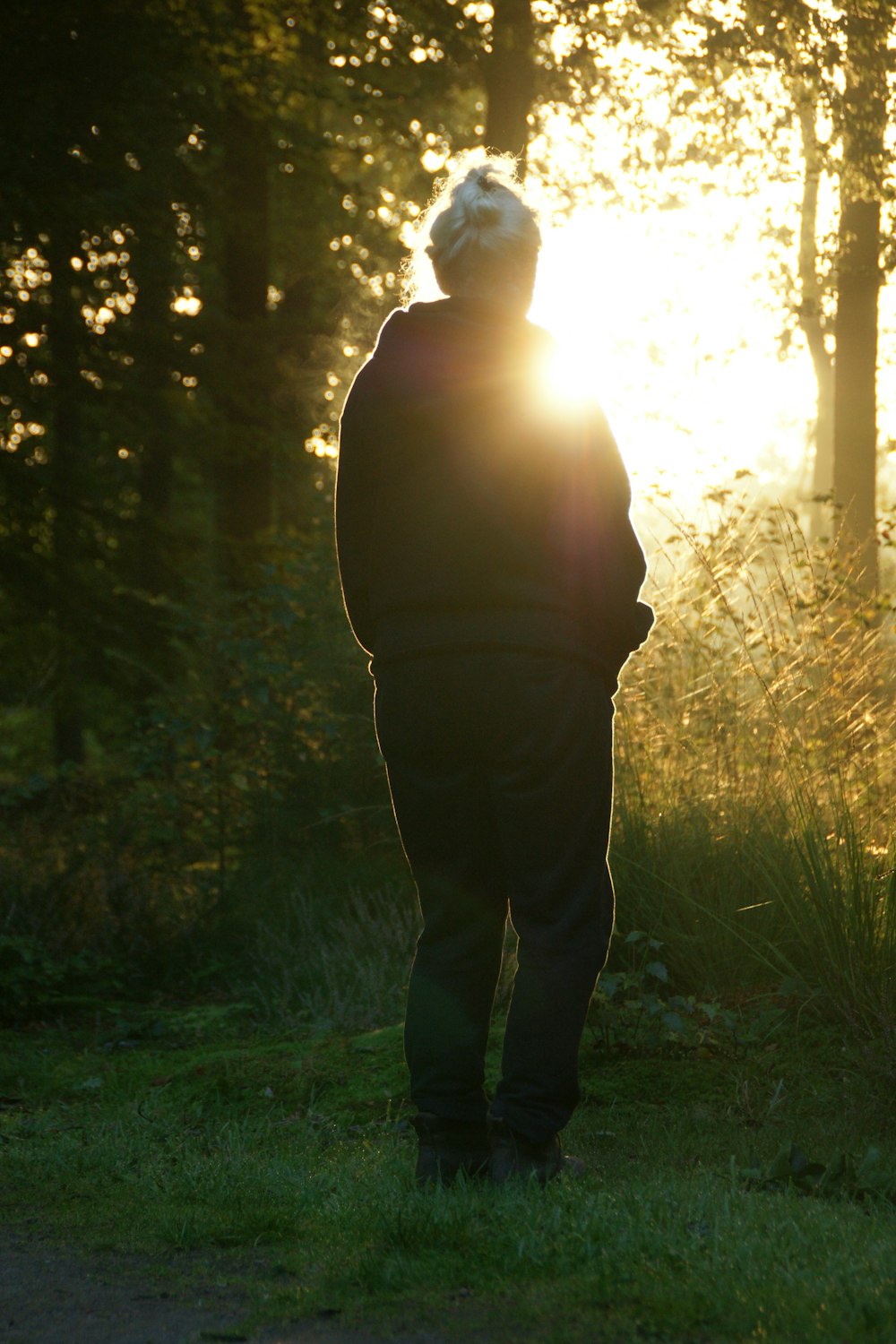 back view of woman standing in front of sun rays