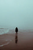 A solitary figure standing on a misty beach at dawn.
