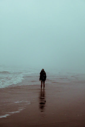 A solitary figure standing on a misty beach at dawn.