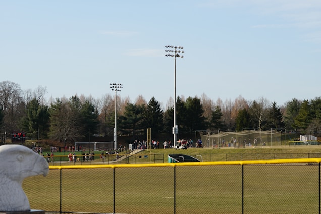 A sports field with a group of people engaging in athletic activities in the background. There is sports equipment like a soccer goal and a scoreboard visible. A chain-link fence runs across the foreground, and a statue or sculpture resembling an eagle is also seen. Trees and tall floodlights are positioned behind the field.
