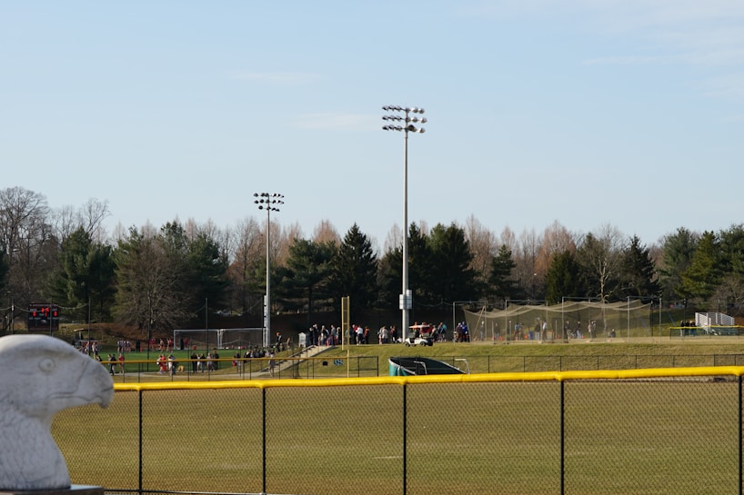 A sports field with a group of people engaging in athletic activities in the background. There is sports equipment like a soccer goal and a scoreboard visible. A chain-link fence runs across the foreground, and a statue or sculpture resembling an eagle is also seen. Trees and tall floodlights are positioned behind the field.