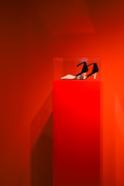A pair of elegant shoes with a black upper and a unique heel design is displayed on a vibrant red pedestal against a matching red background. The shoes are enclosed in a transparent box, emphasizing their artistic presentation.