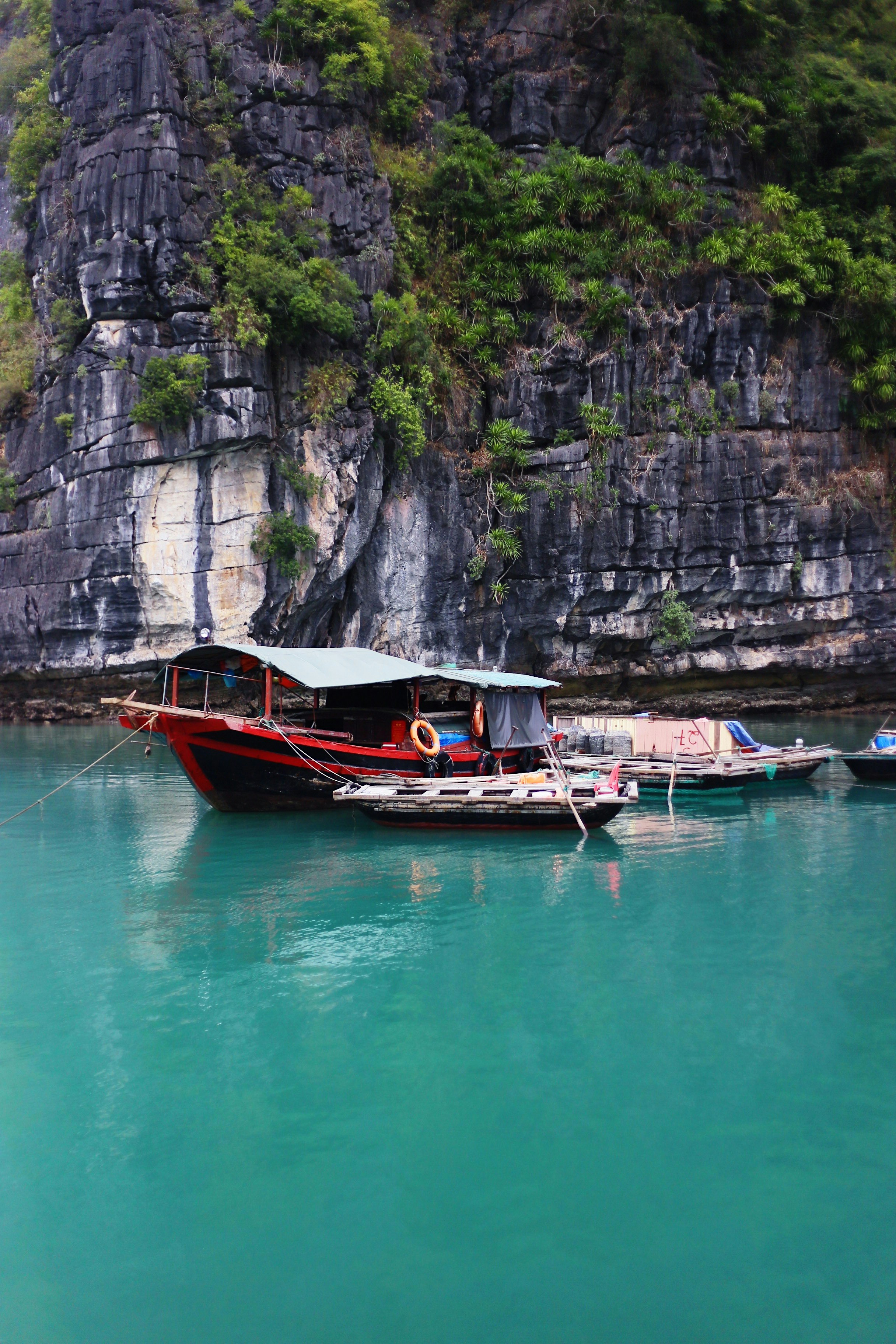 red and white boat on calm body of water