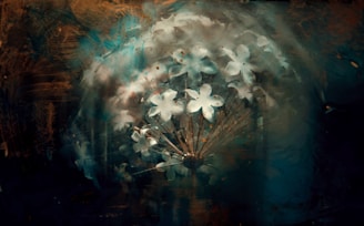 An abstract depiction of delicate white flowers resembling a dandelion, set against a swirling background of teal, brown, and black hues. The artwork creates a sense of movement with its brush stroke patterns and varying shades, portraying an ethereal, dreamlike quality.