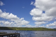 A peaceful lakeside view with a dock and mountains in the background.