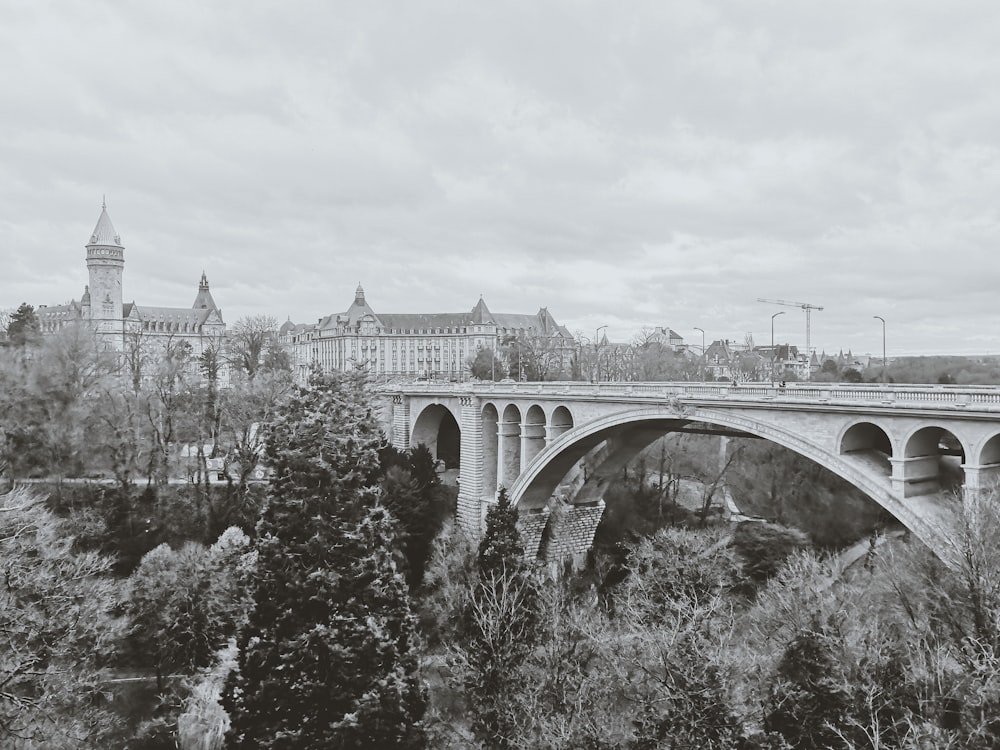 grayscale photography of gray bridge