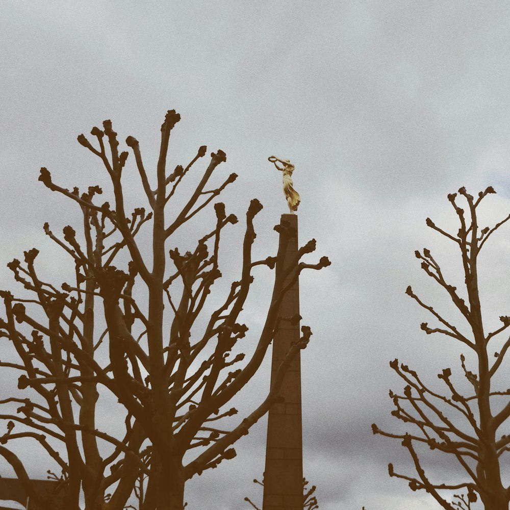 statue near bare tree under cloudy sky at daytime