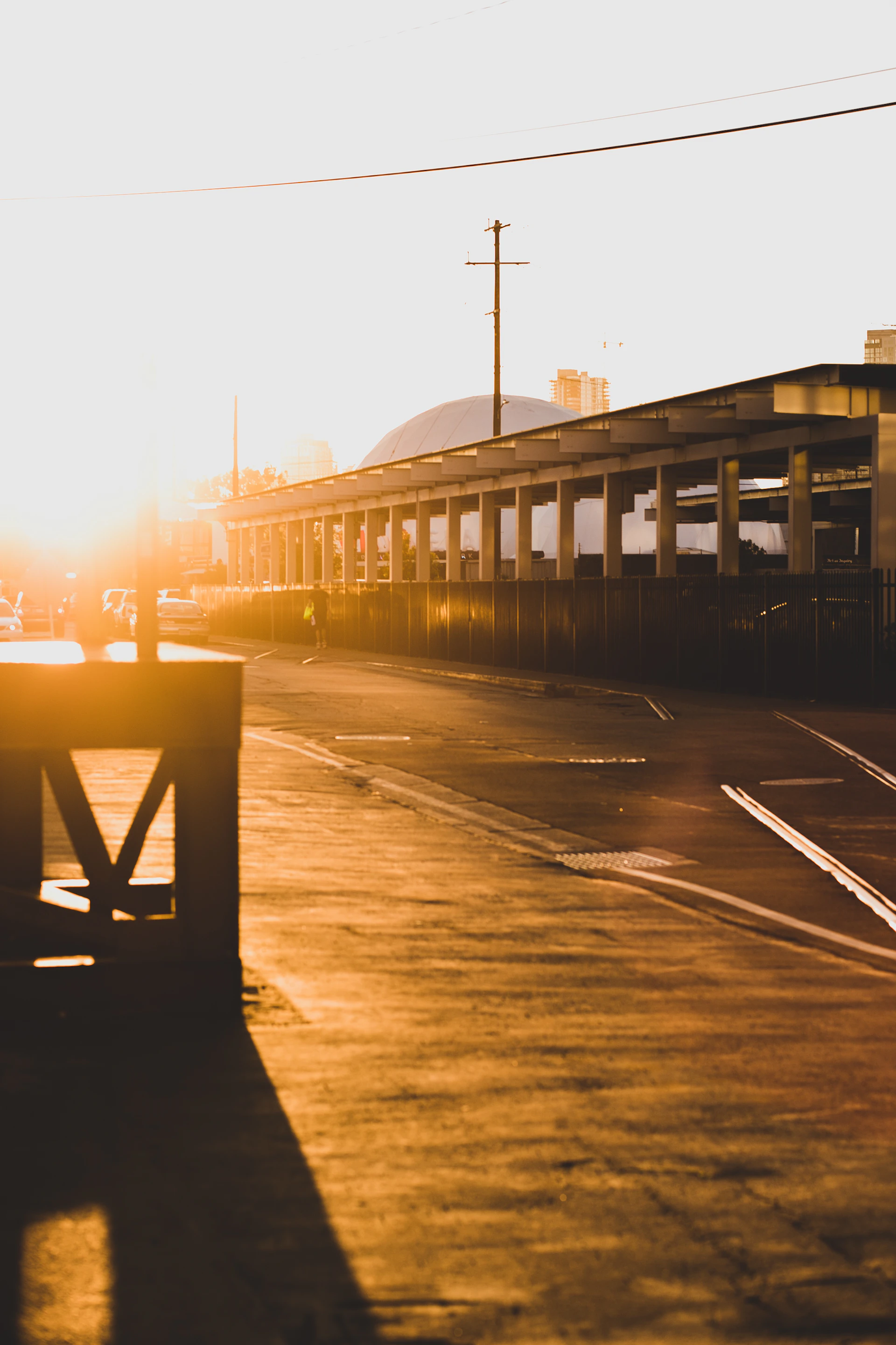 A striking still from Nancy Robinson's short film capturing a sunlit urban street scene with deep shadows and vibrant colors.
