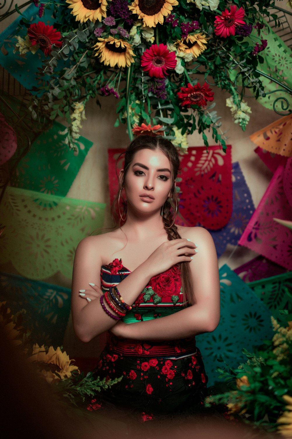 woman surrounded with flowers