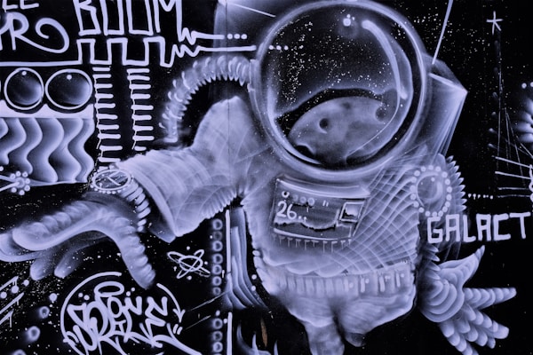 A detailed graffiti artwork featuring an astronaut in a spacesuit, set against a backdrop of abstract designs and patterns. The astronaut's helmet is prominent, adorned with intricate linework, while the suit is decorated with various symbols, including numbers and geometric shapes. The word 'GALACT' is visible, accompanied by other abstract figures and artistic elements that give a sense of movement and energy.