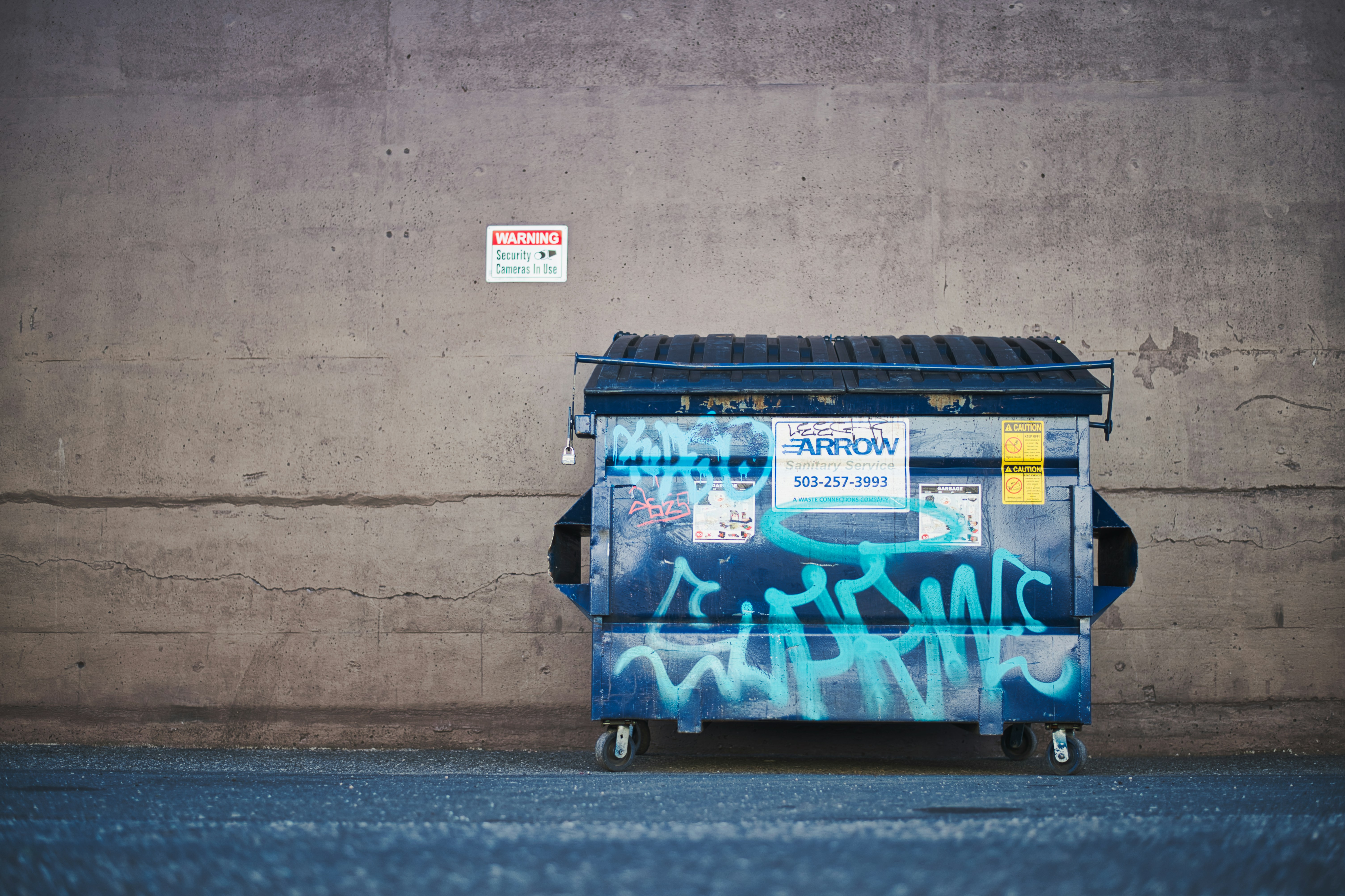 This photo was taken on an industrial street in SE Portland, OR.  The Tea company keeps their walls graffiti free by keeping them painted but they do not have control over the dumpster owned by the garbage company.  Interesting contrast between the urban graffiti and the clean wall.  Notice the warning sign letting people know we will see you paint our wall.