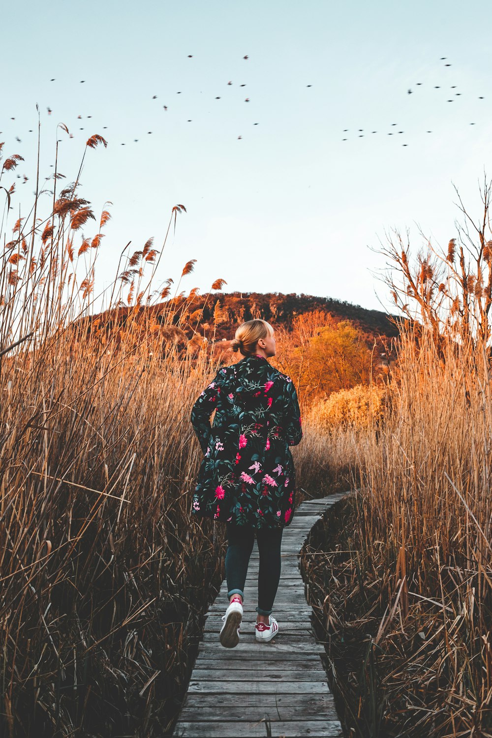 woman standing between brown bushes